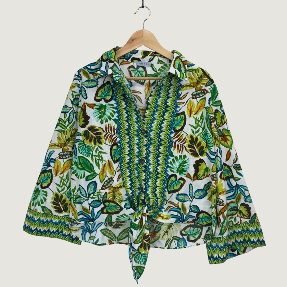 Floral & Ivy Tropical Tie Front Blouse Green Blue Floral Boho Resort Top